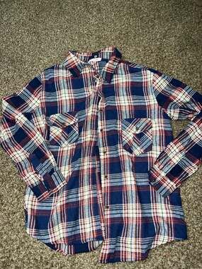 P.S. Love Women's Red and Blue Plaid Long Sleeve Flannel Button-Up Shirt